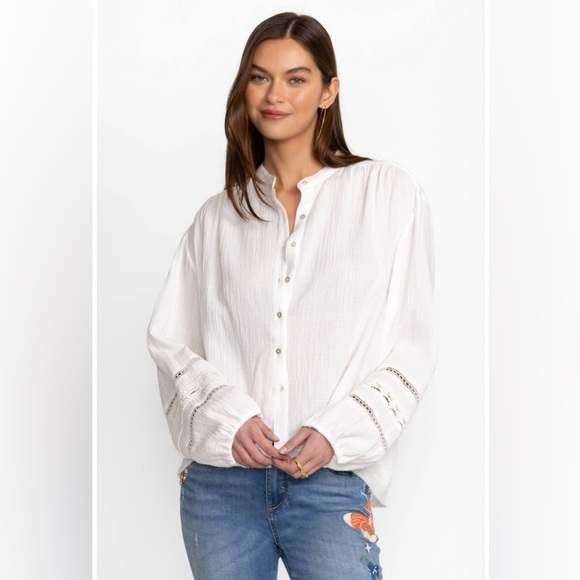 CALME BY JOHNNY WAS 100% Organic Cotton Gauze Peasant Top Natural White NWT - Picture 1 of 12